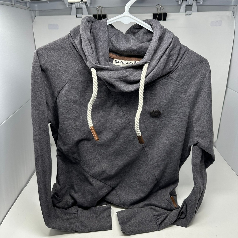 Naketano Hoodie Women M Gray Brave New Word Shawl Neck Rope Drawstring Pullover